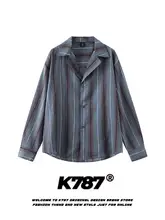 キューバカラーシャツ ユニセックス 長袖 ストライプ シンプル アメカジ ヴィンテージ ルーズ ゆったり 「K787」