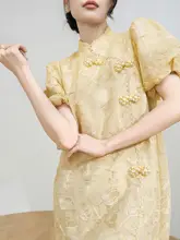 ワンピース レディース パフスリーブ 刺繍 ビーズ装飾 チャイナボタン チャイナテイスト モダンチャイナドレス 夏 「Flowing Era」