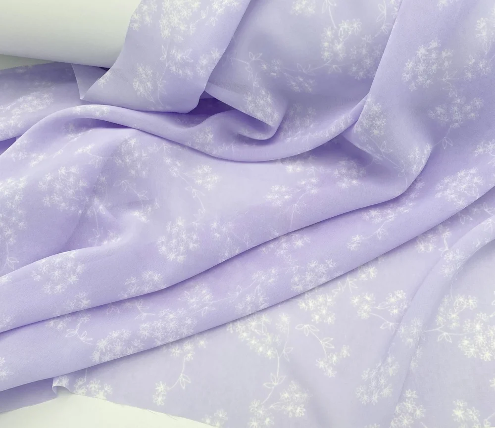 半透明雪绒花デザインの浅紫色ダイリリー柄シフォン生地は和服やドレスに最適なチュール生地か