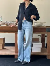 SpenPack 全棉 美式クラシックアイスブルー水洗いストレートレッグ中腰デニムパンツ
