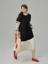 ワンピース レディース 大きいサイズ ぽっちゃり ラウンドネック ロング丈 カラーブロック パッチワーク フレンチ風 着痩せ 夏 おしゃれ