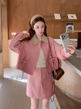 流行のスウィートピンク工事ジャケットとスカート【秋春用・絶美デザイン】（セットアップ対応）