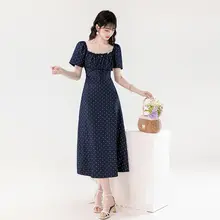 レース付きフレンチスタイルのリボンデザインドレス【夏用・薄手・ドレープ感】