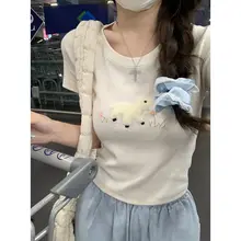 カートゥーン刺繍入り 短袖Tシャツ【ウエストシェイプ・コットン製】