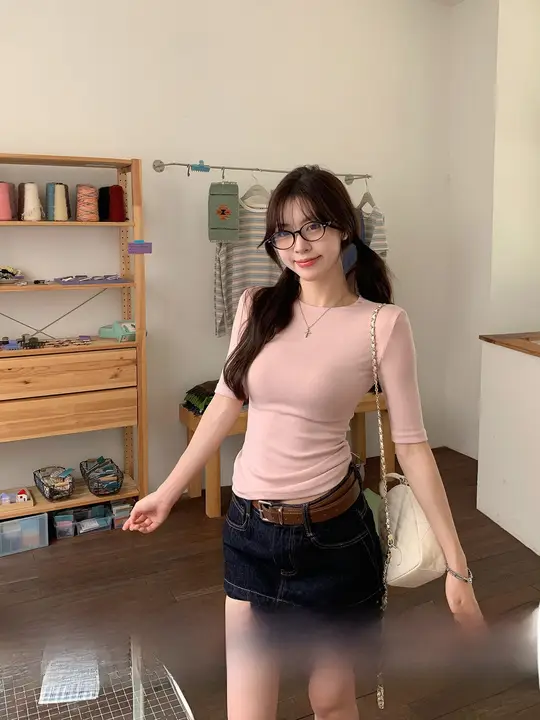 粉色のラウンドネック五分袖Tシャツ【女性用・夏季・スマートフィット】