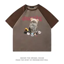 かわいい猫柄のカラーブロックラグラン袖半袖Tシャツ【ユニセックス・ルーズフィット】