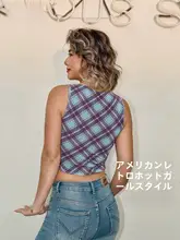 AlphaGym タンクトップ レディース チェック柄 幾何学模様 胸パッド付き 短丈 着痩せ ヴィンテージ ギャル トップス「AlphaGym」