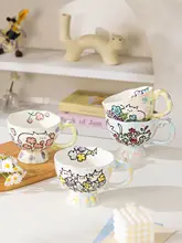花柄の陶器マグカップ【可愛い猫デザイン・女性用・朝食・コーヒー・ギフト用】