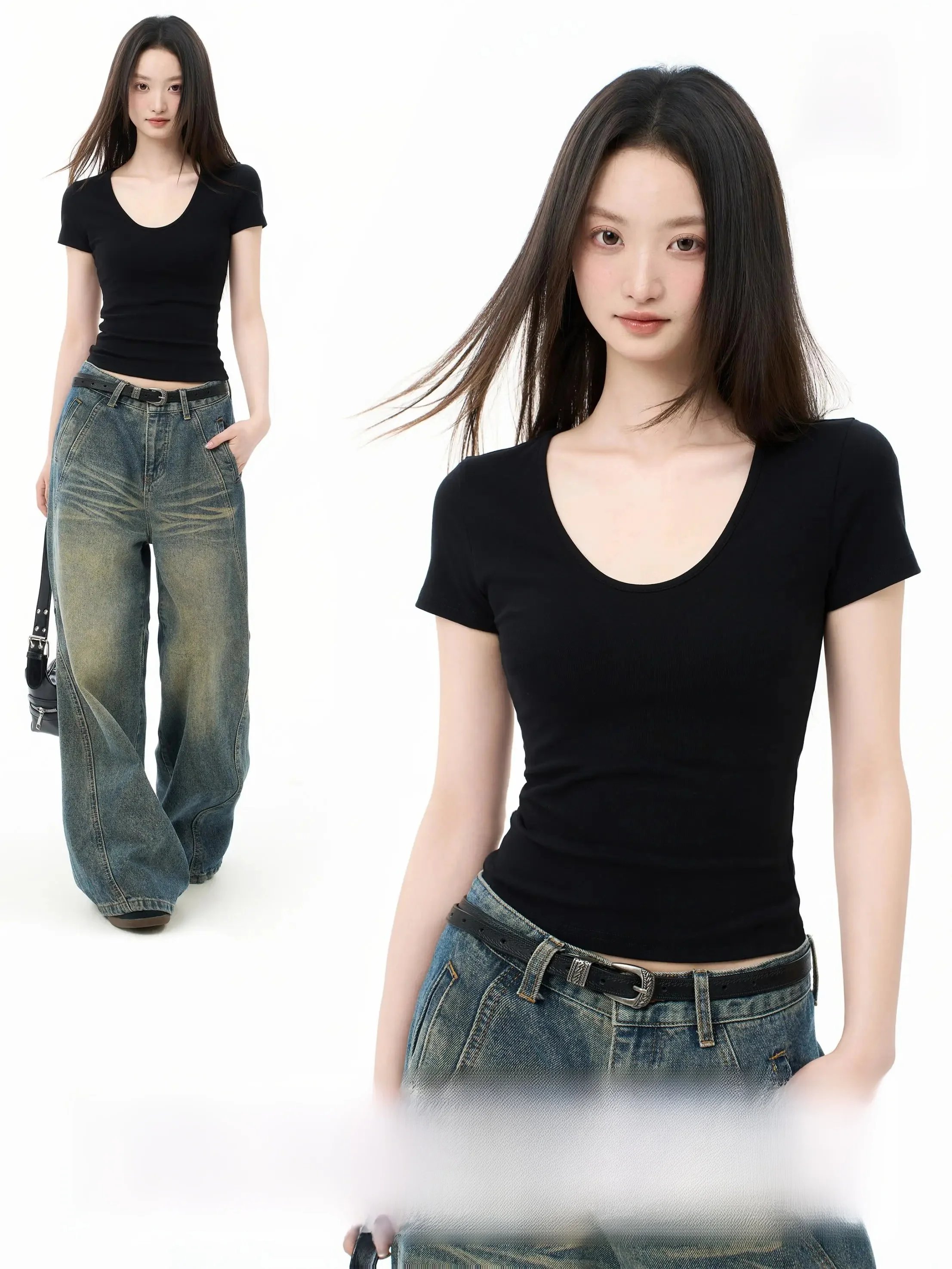 黒のUネック大きめ襟の短袖Tシャツ【レディース・スリムフィット・夏用】