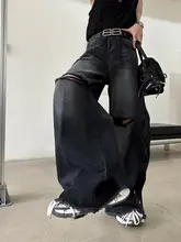 カジュアルスタイルのアメリカンワイドレッグデニムパンツ【ヴィンテージ風・オーバーサイズ・ distressedデザイン】