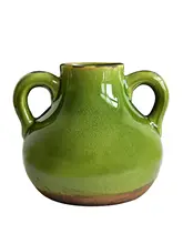 欧風陶器製花瓶【グリーン・二つ耳付き・氷ひび割れ模様・インテリア装飾用】