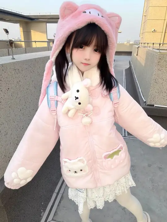 元気なクマ柄コットンパーカー【短丈・女性用・冬用・可愛い・保温】