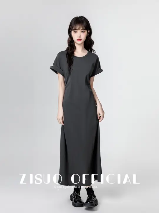 シンプルなデザインのグレー半袖ワンピース【ウエストシャーリング・ロング丈】