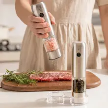 ステンレス製電動ペッパーと塩のミル【調節可能・自動グラインダー】