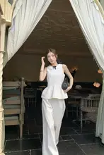 大溪地パールの純綿フレンチスタイル白色ウエストリボンブラウスとロングカジュアルパンツ（セットアップ対応）