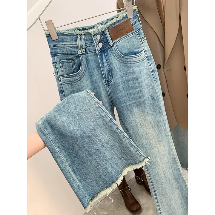 ヴィンテージ風ウォッシュ加工フレアデニムパンツ【ハイウエスト・ストレッチ・ロング丈】（セットアップ対応）