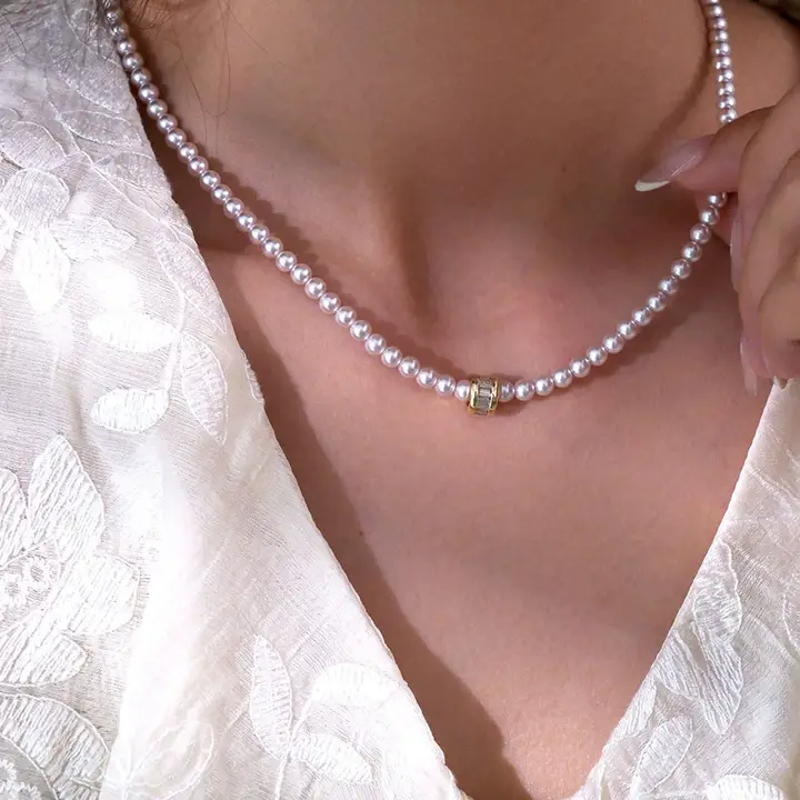 美しいローズパールネックレス【灰粉色・繊細なデザイン・ロングネックライン用】