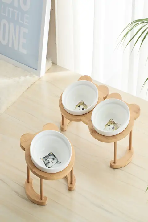 猫用食器 猫用ボウル【高脚 首を守る 陶器 二重ボウル】
