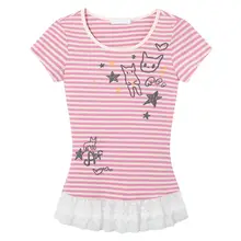 レース切り替えストライプ猫プリント半袖Tシャツ【夏用・フィット感・短丈】