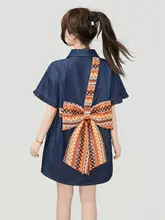 ヴィンテージ風ポロ襟デニムワンピース【夏用・華やかなリボン・ゆったりシルエット】