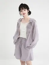 紫色フード付きUVカット薄手防止衣【夏用・女性・ショートパンツ・デザイン】（セットアップ対応）