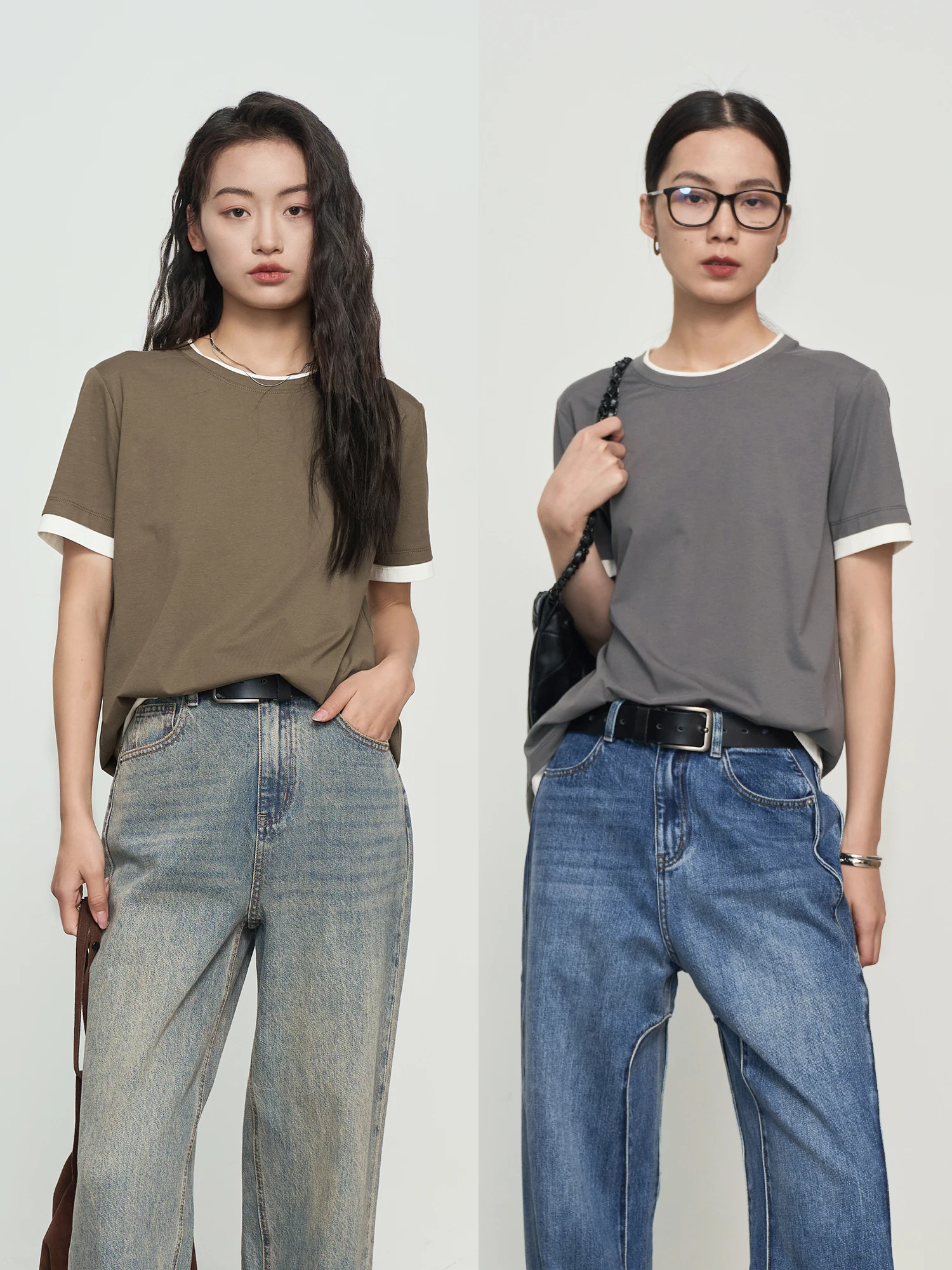 大人可愛い服 40代コーデ - ラウンドネック・重ね着風・コットン混合Tシャツの特徴