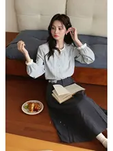 グレー 高腰Aラインフレアスカート【秋用・百褶デザイン・体型カバー】（セットアップ対応）