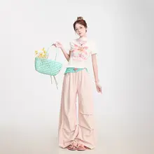 感のあるストライプのワイドレッグパンツ【春夏用・ゆったりデザイン・女性用】（セットアップ対応）