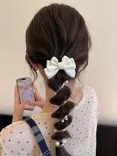 リボンとパール付きふわふわ編みこみヘアゴム【高級感・電話線デザイン】