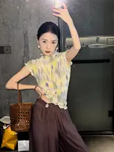 夏用 涼しげな雪纺無袖Tシャツ【グラデーションプリント・短袖・ひだデザイン】