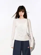 白色薄手フラワープリント長袖Tシャツ【UVカット・スリムフィット・透け感あり】