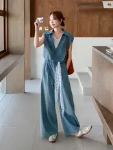 魅力的なレトロデニムコーディネート【デザイン重視・ノースリーブトップス・ワイドパンツ】（セットアップ対応）