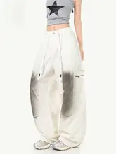 白色弯刀デザインの女性用デニムパンツ【夏用・フィット・ワイドレッグ・カーゴスタイル】