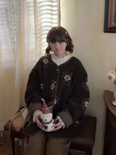 ヴィンテージ風カフェ柄ボアコットンコート【女性用・ゆったりシルエット・ラウンドネック・保温】