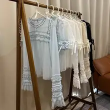 ロリータ風 レース入り薄手長袖ブラウス【夏用・透け感・短袖】