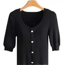 肘丈スリーブのフィット型無地デコレーションボタンVネックニットトップス【秋用・レディース】