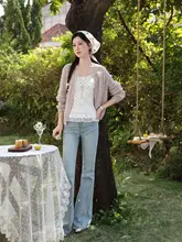 春の感ただようピンクパープルの長袖ニットカーディガン【女性用・ルーズフィット・カジュアル】