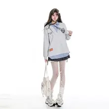 パーカー レディース ユニセックス フェイクレイヤード エンブレム付き ネクタイデザイン プレピースタイル カジュアル ゆったり 若見え 秋 初秋
