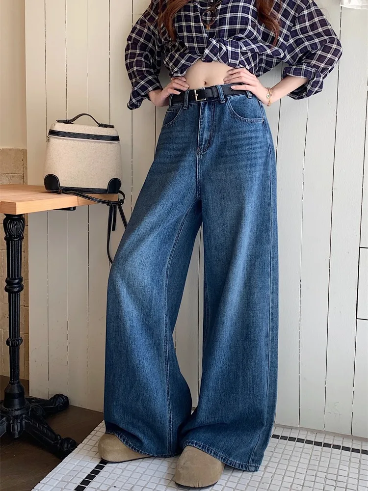 深い青色のヴィンテージ風ワイドレッグデニムパンツ【秋用・ハイウエスト・カジュアルロングパンツ】