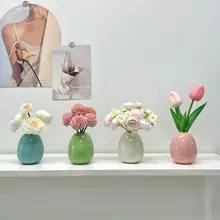 可愛い陶器製デスクトップ花瓶【クリーム風・フェイクフラワー飾り・オフィス装飾用】