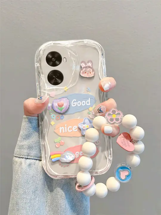 透明の立体デザイン！Huawei nova11se用スマホケース【波浪模様・かわいいウサギデザイン・全包囲・防衝撃タイプ】