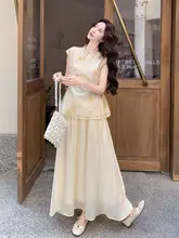 優雅な中国風刺繍ブラウスとスカート【夏用・半身スカート・気質アップ・二点セット】（セットアップ対応）