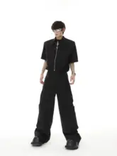 セットアップ メンズ フェイクレイヤード ジャケット カーゴパンツ パッド入り アバンギャルドデザイン オーバーサイズ ルーズ カジュアル 着回し