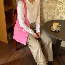 エコバッグ トートバッグ ショルダーバッグ コットンリネン ピンク 韓流 ルーズ インスタ映え リゾート 春夏 「Lost Chill」