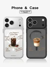 iPhone用全包フォルムの精孔付きスマホケース【コーヒー柄・ブラック・透明】