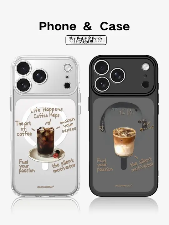 iPhone用全包フォルムの精孔付きスマホケース【コーヒー柄・ブラック・透明】