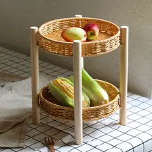 2段式木製トレイスタンド【果物・お菓子用・手作り竹製・トレイ付き】