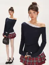 デザイン感あるレースの斜め肩トップス【女性用・ウェストシェイプ・秋季】（セットアップ対応）