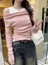 デザイン性のあるオフショルダー風ニットトップス【春用・女性・2重仕立て】