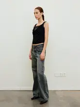 NEVERSEEZ ヴィンテージウォッシュ刺繍仕上げハンドメイドフレアデニムパンツ